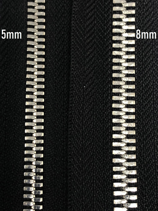 Black Metal Glossy Jacket Separating Zipper Black Tape Silver/ Nickel Teeth Size 5mm or 8mm - Choose Length-