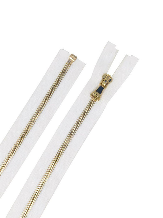 Glossy 5MM One-Way Separating Open Bottom Zipper, White/Gold | 28 Inch Length