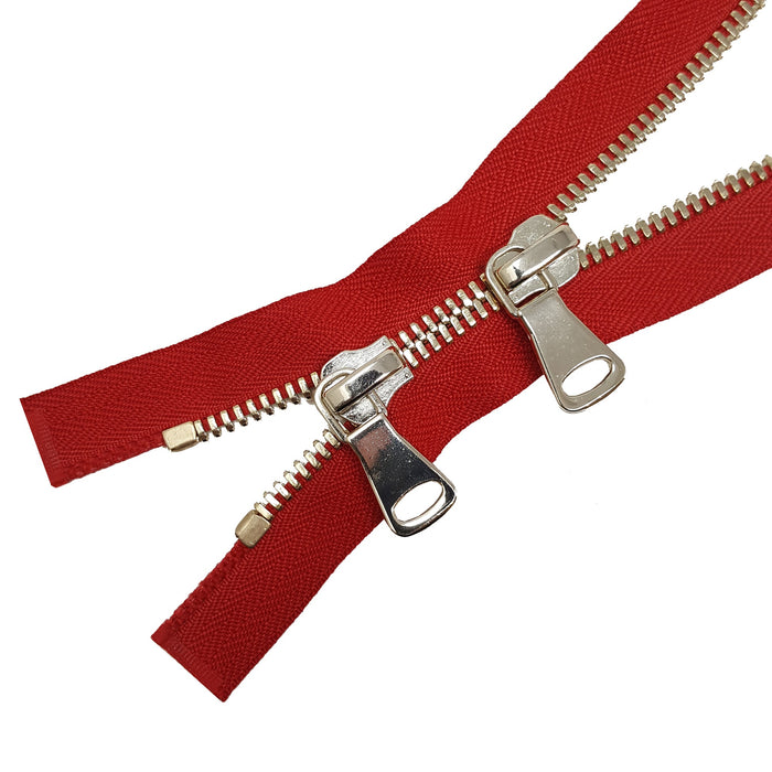 Glossy 5MM or 8MM Two-Way Separating Open Bottom Zipper, Red/Brass | 36 Inch