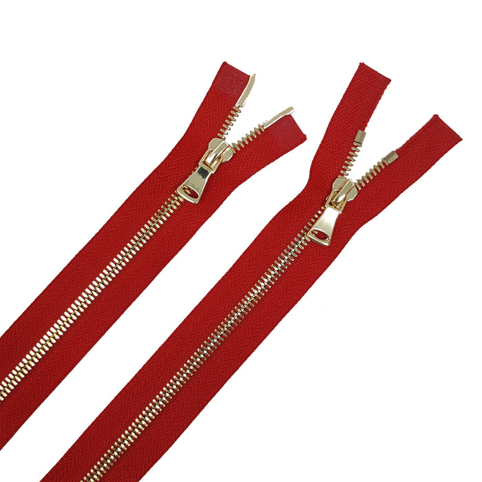 Glossy 5MM or 8MM Two-Way Separating Open Bottom Zipper, Red/Brass | 36 Inch