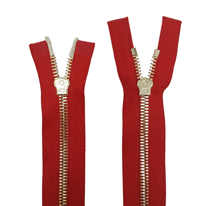 Glossy 5MM or 8MM Two-Way Separating Open Bottom Zipper, Red/Brass | 36 Inch