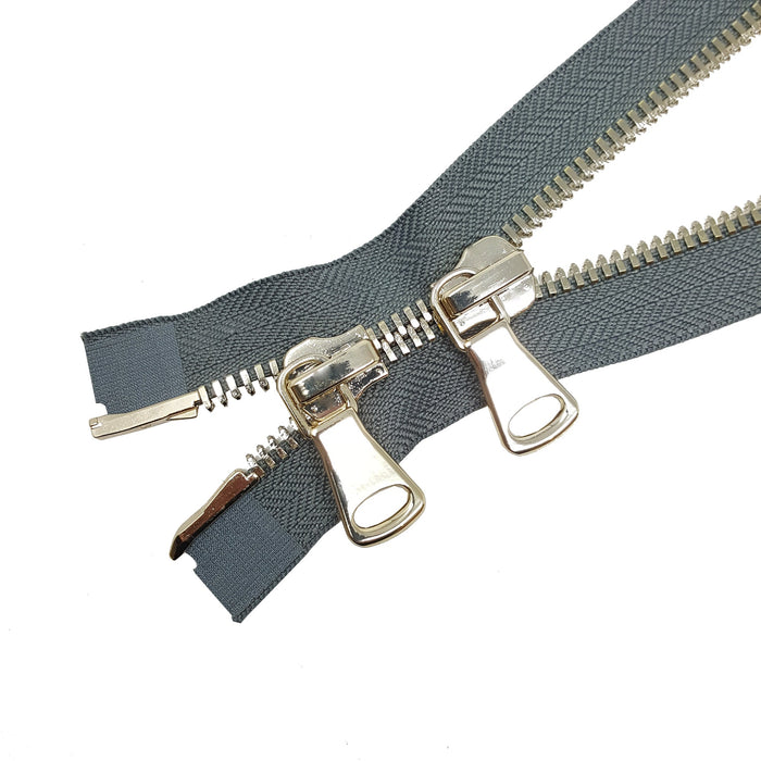 Zip-Up Glossy 8MM Teeth Two-Way Separating Open Bottom Zipper, Gray Tape Brass Teeth - Choose Length