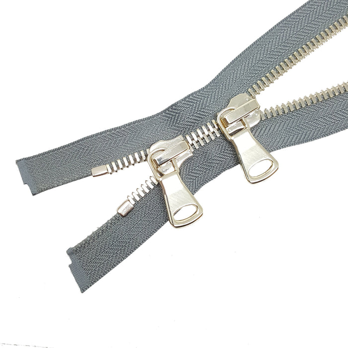 Zip-Up Glossy 8MM Teeth Two-Way Separating Open Bottom Zipper, Gray Tape Brass Teeth - Choose Length