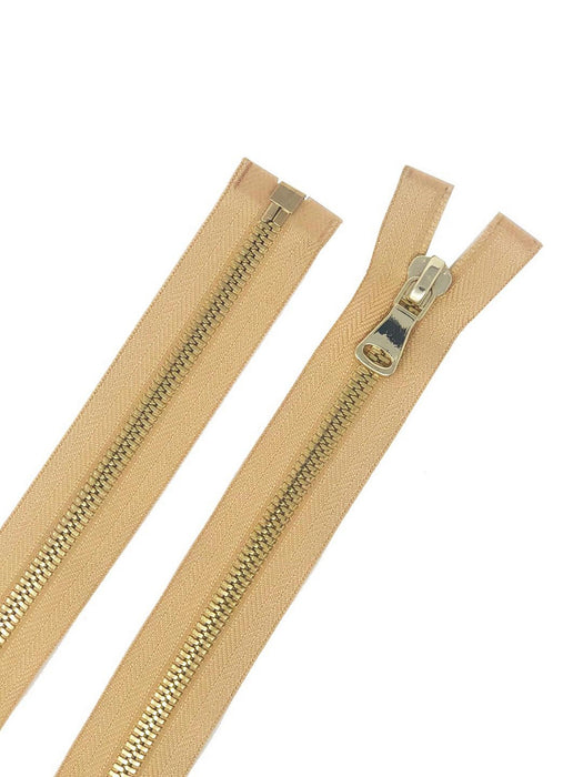 Glossy 8MM One-Way Separating Open Bottom Zipper, Beige/Brass | 28 Inch Length