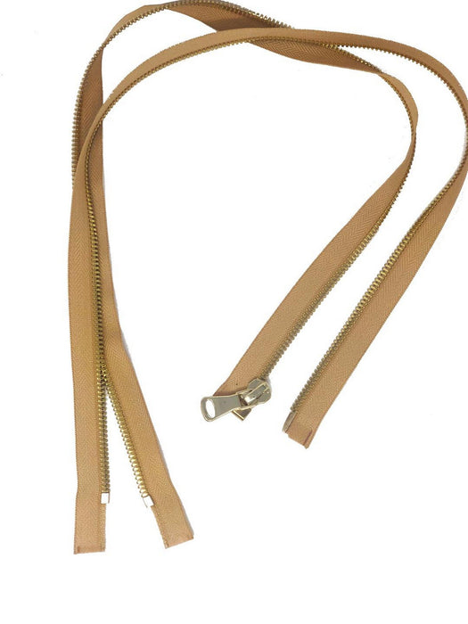 Glossy 8MM One-Way Separating Open Bottom Zipper, Beige/Brass | 28 Inch Length