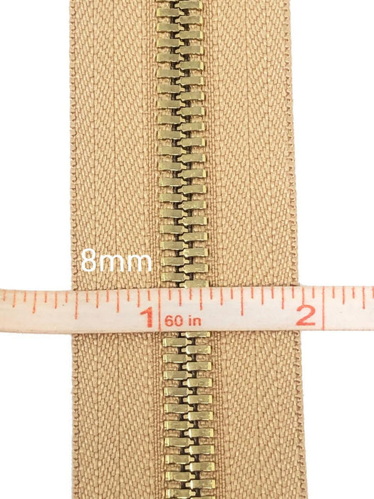 Glossy 8MM One-Way Separating Open Bottom Zipper, Beige/Brass | 28 Inch Length