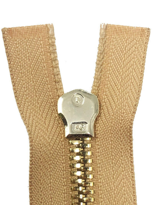 Glossy 8MM One-Way Separating Open Bottom Zipper, Beige/Brass | 28 Inch Length