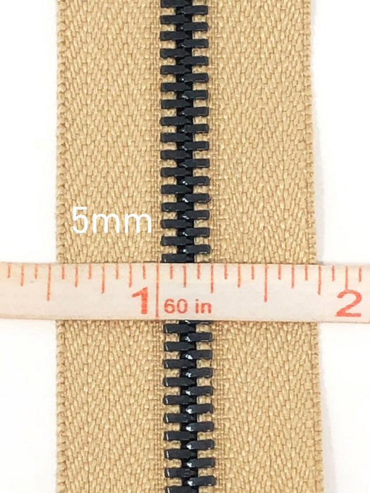 Glossy 5MM or 8MM One-Way Separating Open Bottom Zipper, Beige/Shiny black | 28 Inch Length