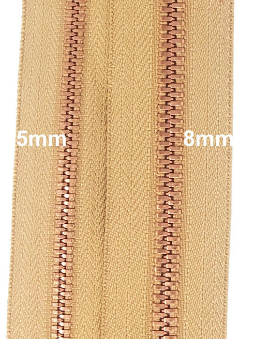 Glossy 5MM or 8MM One-Way Separating Open Bottom Zipper, Beige/Rose Gold |  28 Inch Length