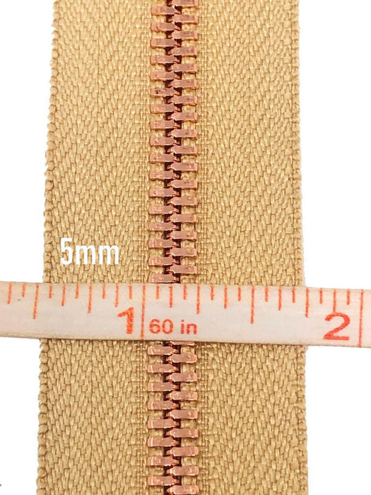 Glossy 5MM or 8MM One-Way Separating Open Bottom Zipper, Beige/Rose Gold |  28 Inch Length