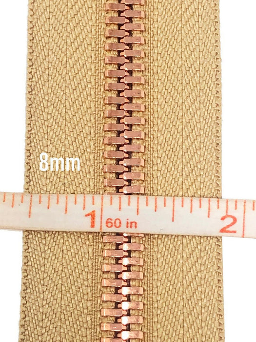 Glossy 5MM or 8MM One-Way Separating Open Bottom Zipper, Beige/Rose Gold |  28 Inch Length