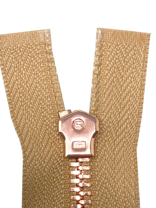 Glossy 5MM or 8MM One-Way Separating Open Bottom Zipper, Beige/Rose Gold |  28 Inch Length