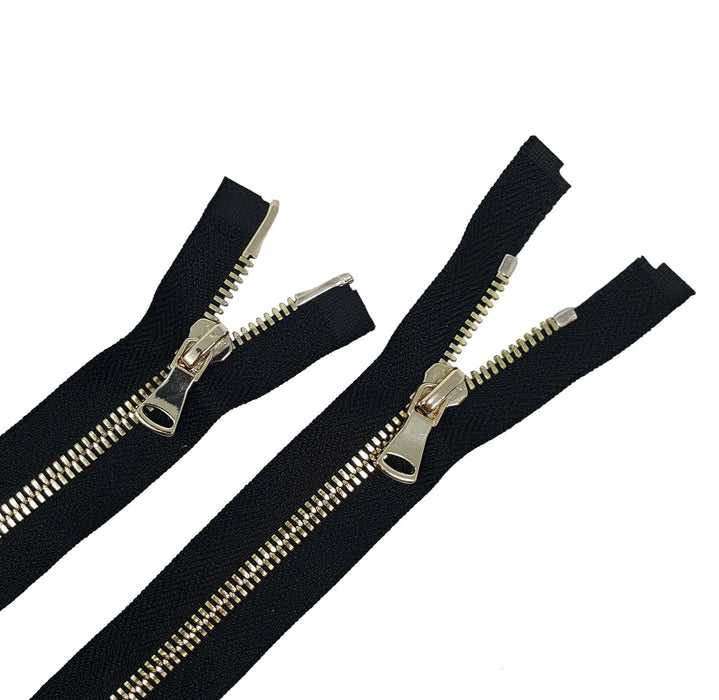 Glossy 5MM or 8MM Two-Way Separating Open Bottom Zipper, Black/Brass | 36 Inch