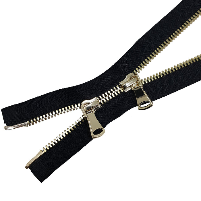 Glossy 5MM or 8MM Two-Way Separating Open Bottom Zipper, Black/Brass | 36 Inch