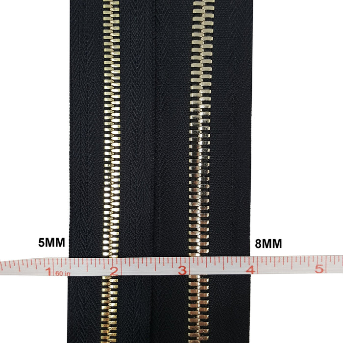 Glossy 5MM or 8MM One-Way Non-Separating Closed Bottom Zipper, Black/Brass |7 Inch Length