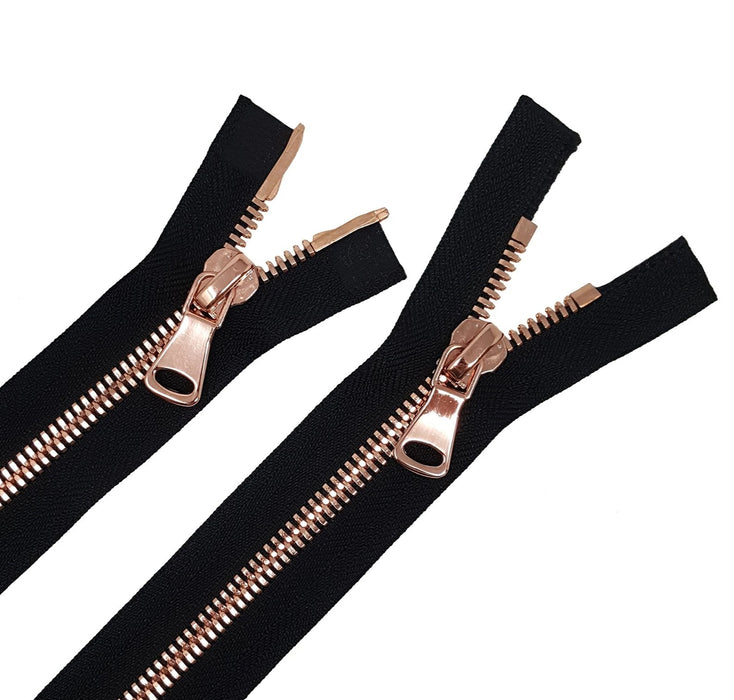 Glossy 8MM Two-Way Separating Open Bottom Zipper, Black/Rose Gold |  36 Inch Length