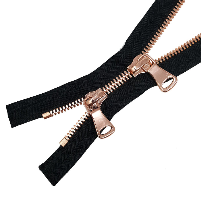 Glossy 8MM Two-Way Separating Open Bottom Zipper, Black/Rose Gold |  36 Inch Length