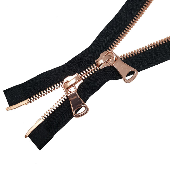 Glossy 8MM Two-Way Separating Open Bottom Zipper, Black/Rose Gold |  36 Inch Length