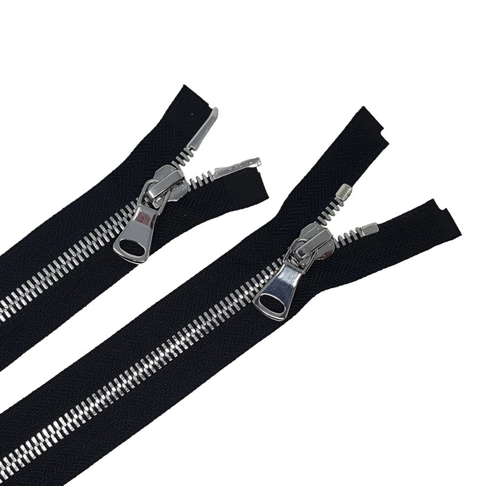 Glossy 8MM Two-Way Separating Open Bottom Zipper, Black/Silver |  36 Inch Length