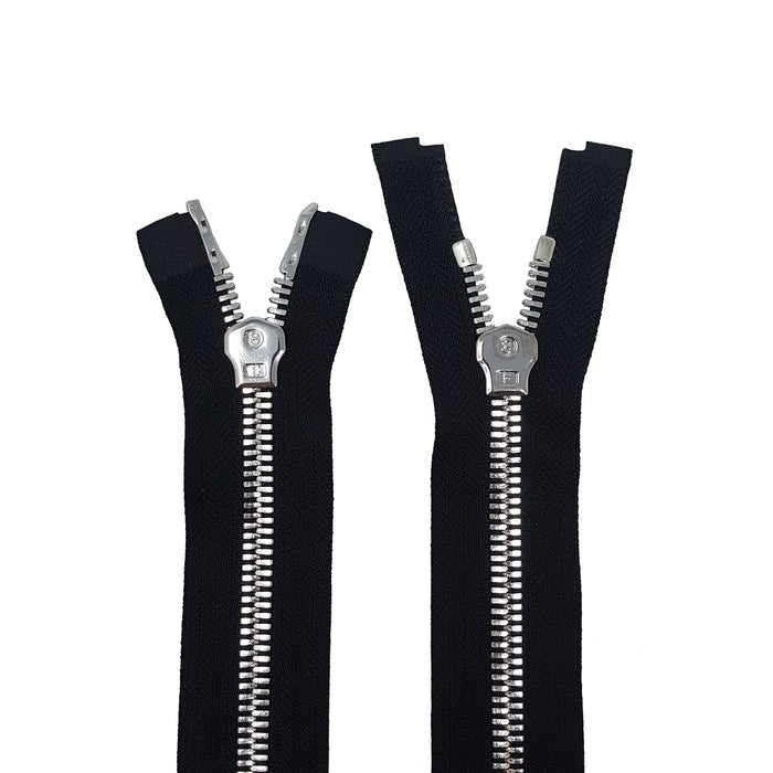 Glossy 8MM Two-Way Separating Open Bottom Zipper, Black/Silver |  36 Inch Length