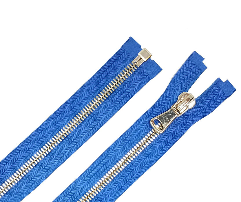 Glossy 5MM or 8MM One-Way Separating Open Bottom Zipper, Blue/Brass | 28 Inch Length