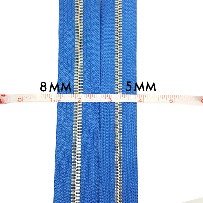 Glossy 5MM or 8MM One-Way Separating Open Bottom Zipper, Blue/Brass | 28 Inch Length