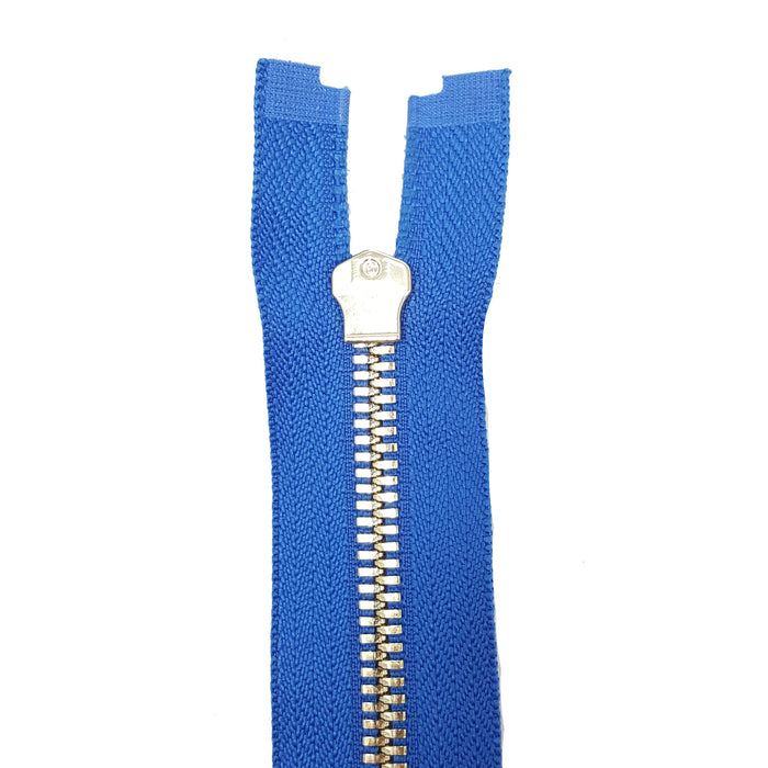 Glossy 5MM or 8MM One-Way Separating Open Bottom Zipper, Blue/Brass | 28 Inch Length