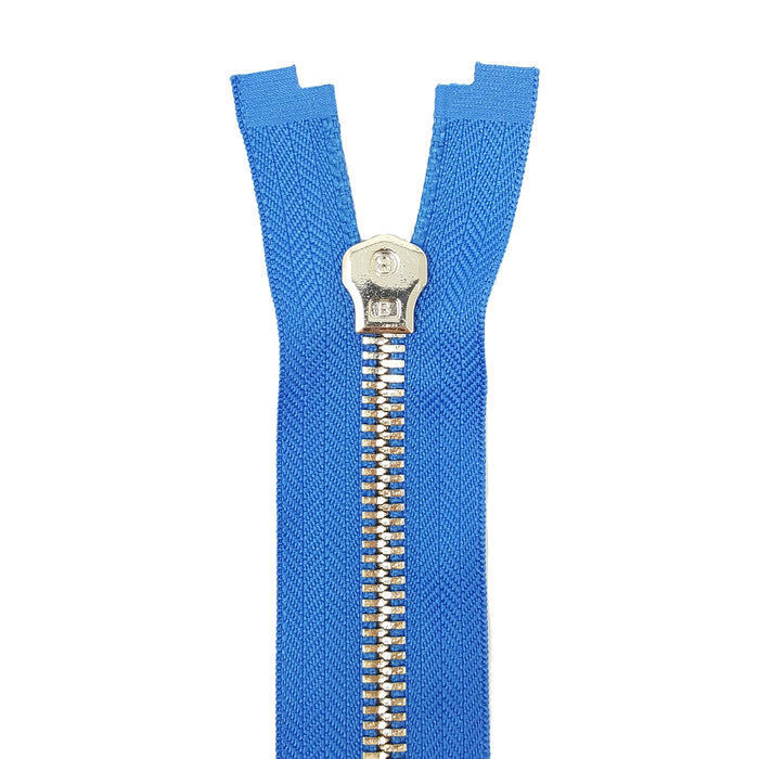 Glossy 5MM or 8MM One-Way Separating Open Bottom Zipper, Blue/Brass | 28 Inch Length