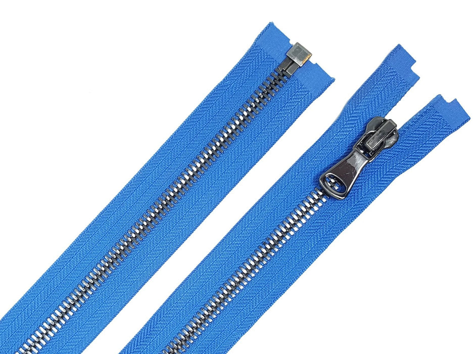 Glossy 5MM or 8MM One-Way Separating Open Bottom Zipper, Blue/Gun Metal | 28 Inch Length