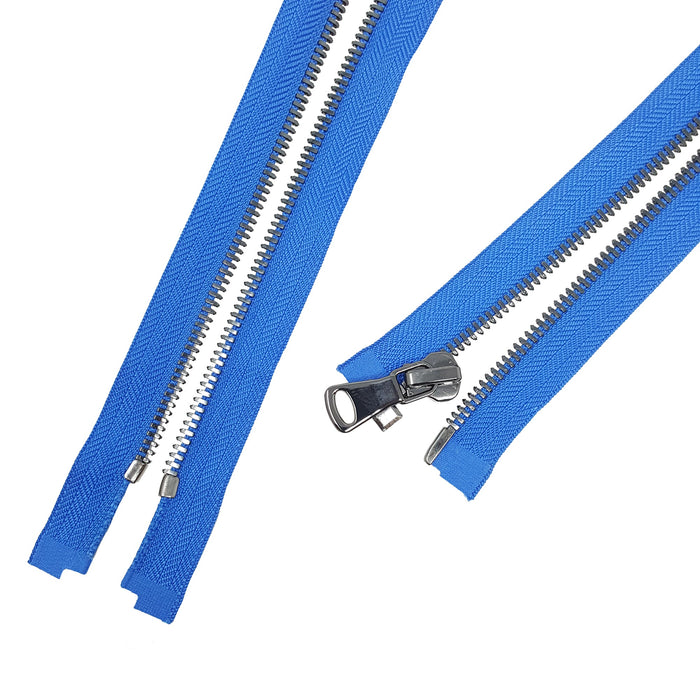 Glossy 5MM or 8MM One-Way Separating Open Bottom Zipper, Blue/Gun Metal | 28 Inch Length