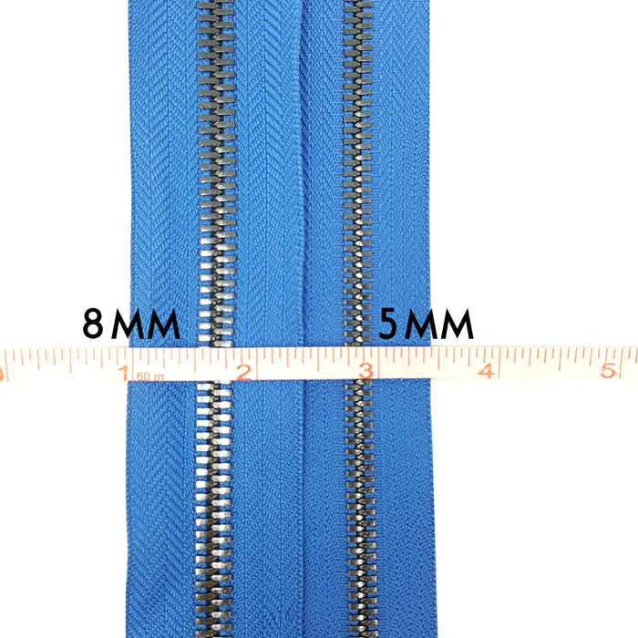 Glossy 5MM or 8MM One-Way Separating Open Bottom Zipper, Blue/Gun Metal | 28 Inch Length