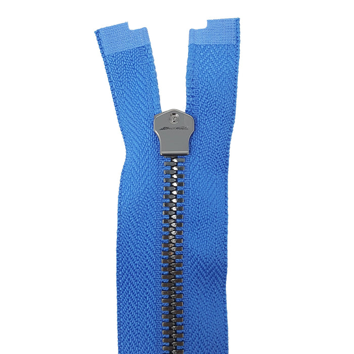 Glossy 5MM or 8MM One-Way Separating Open Bottom Zipper, Blue/Gun Metal | 28 Inch Length