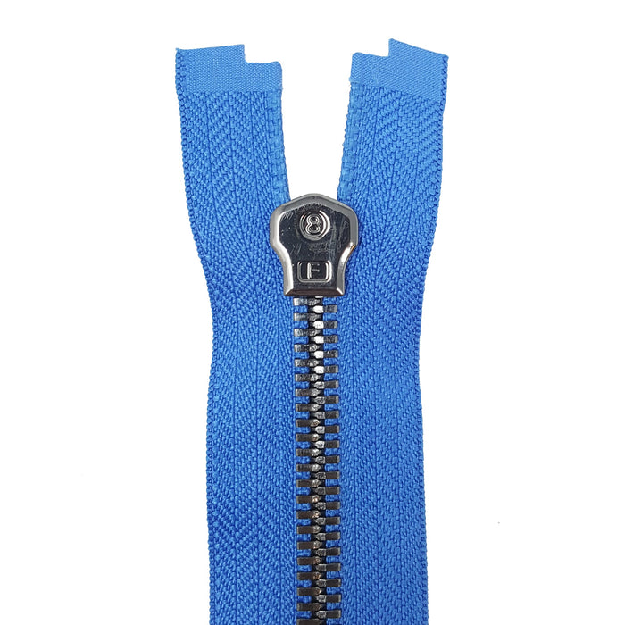 Glossy 5MM or 8MM One-Way Separating Open Bottom Zipper, Blue/Gun Metal | 28 Inch Length