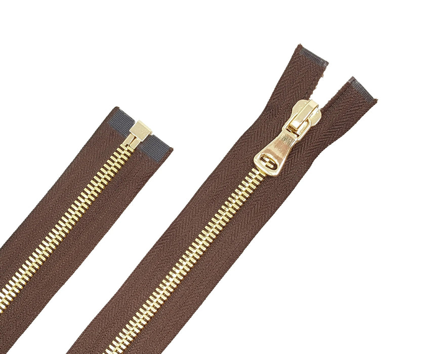 Glossy 8MM One-Way Separating Open Bottom Zipper, Brown/Brass 4 Inch to 28 Inch Length