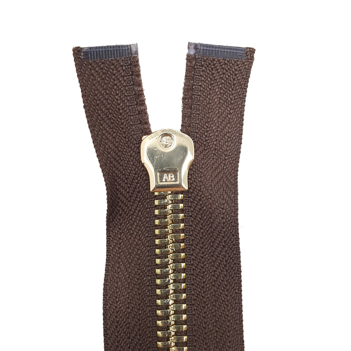 Glossy 8MM One-Way Separating Open Bottom Zipper, Brown/Brass 4 Inch to 28 Inch Length