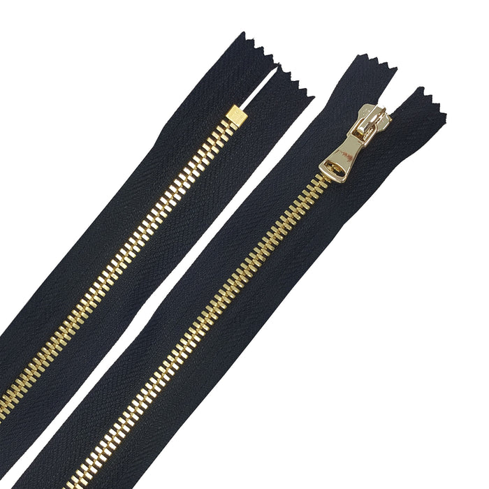 Glossy Jacket Zipper Set in 5MM or 8MM Metal Teeth, One 18" to 28" Open Bottom and Two 7" Pocket Closed Bottom Zippers, Black/Brass