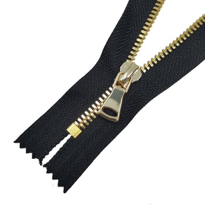 Glossy 5MM or 8MM One-Way Non-Separating Closed Bottom Zipper, Black/Brass |7 Inch Length