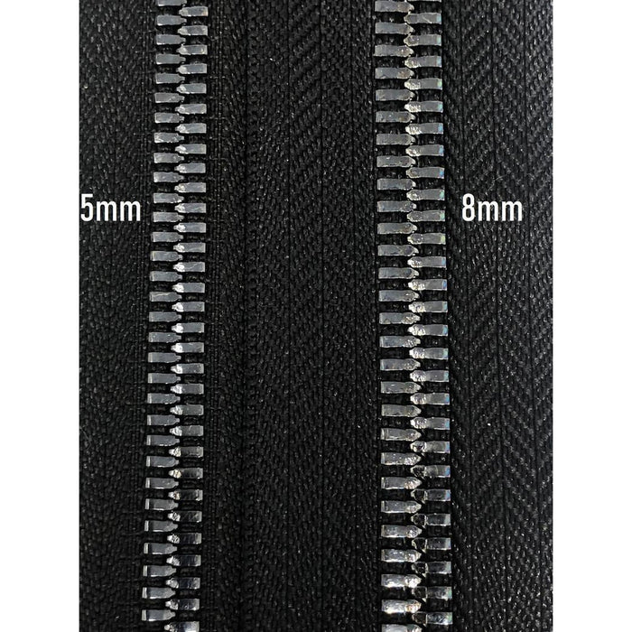 Glossy 5MM or 8MM One-Way Non-Separating Closed Bottom Zipper, Black/Gun Metal | 7 Inch Length