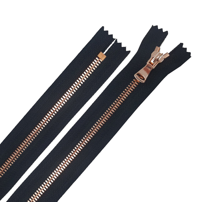 Glossy Jacket Zipper Set in 5MM Metal Teeth, One 18" to 28" Open Bottom and Two 7" Pocket Closed Bottom Zippers, Black/Rose Gold