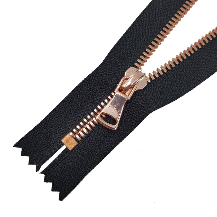 Glossy 5MM or 8MM One-Way Non-Separating Closed Bottom Zipper, Black/Rose Gold |7 Inch Length