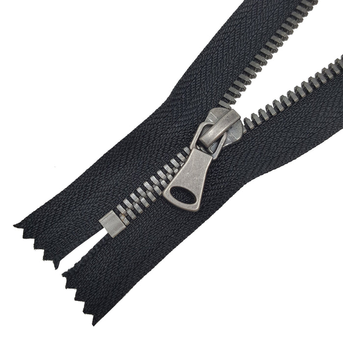 Glossy 5MM One-Way Non-Separating Closed Bottom Zipper, Black/Antique Nickel | 7 Inch