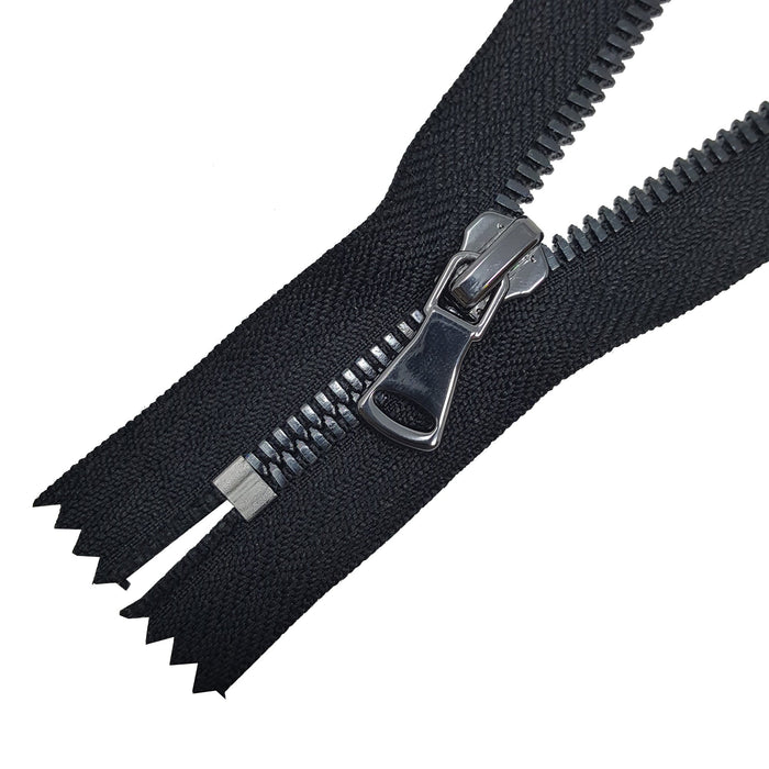 Glossy Jacket Zipper Set in 5MM or 8MM Metal Teeth, One 18" to 28" Open Bottom and Two 7" Pocket Closed Bottom Zippers, Black/Gun Metal