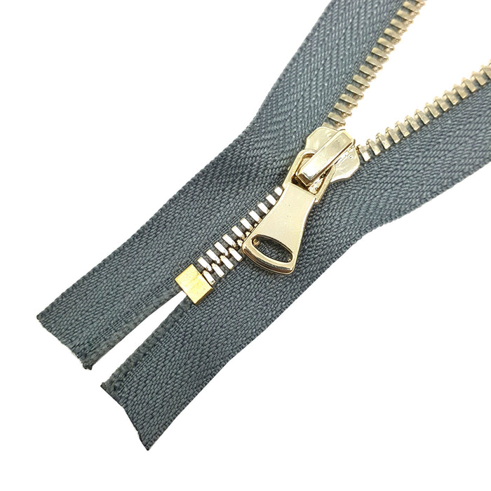 Glossy 5MM or 8MM One-Way Non-Separating Closed Bottom Zipper, Gray/Brass | 7 Inch Length