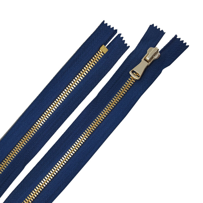 Glossy 5MM or 8MM One-Way Non-Separating Closed Bottom Zipper, Navy/Brass | 7 Inch Length