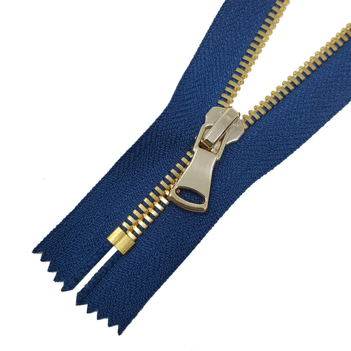 Glossy 5MM or 8MM One-Way Non-Separating Closed Bottom Zipper, Navy/Brass | 7 Inch Length