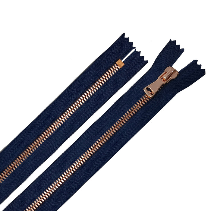 Glossy 5MM One-Way Non-Separating Closed Bottom Zipper, Navy/Rose Gold | 7 Inch Inch Length