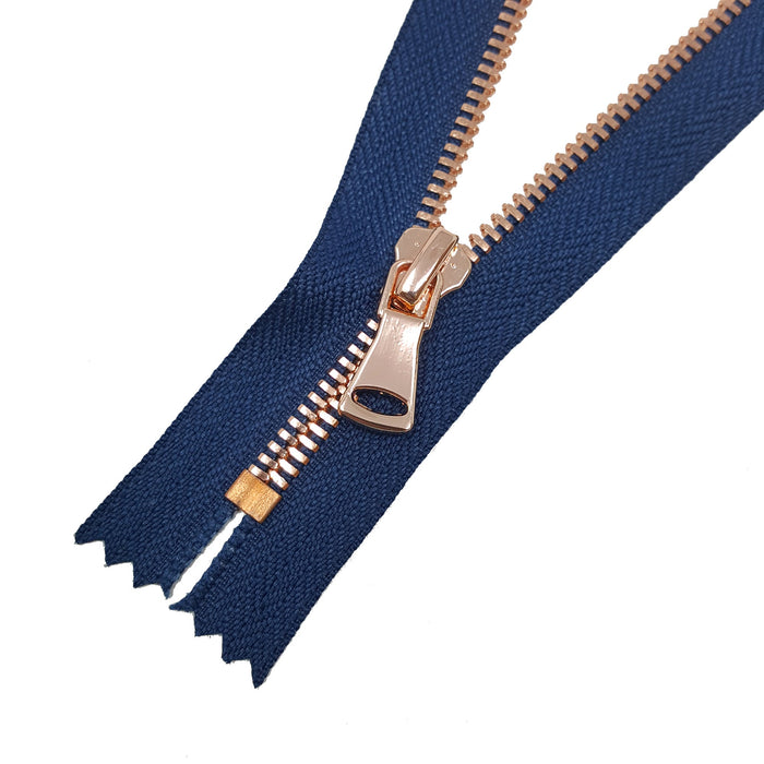 Glossy 5MM One-Way Non-Separating Closed Bottom Zipper, Navy/Rose Gold | 7 Inch Inch Length