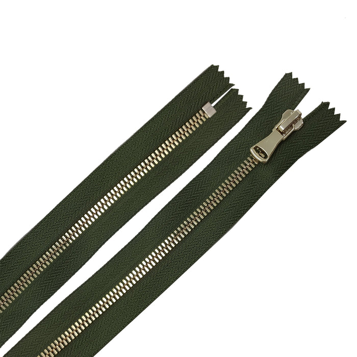 Glossy 5MM One-Way Non-Separating Closed Bottom Zipper, Olive/Brass | 7inch length