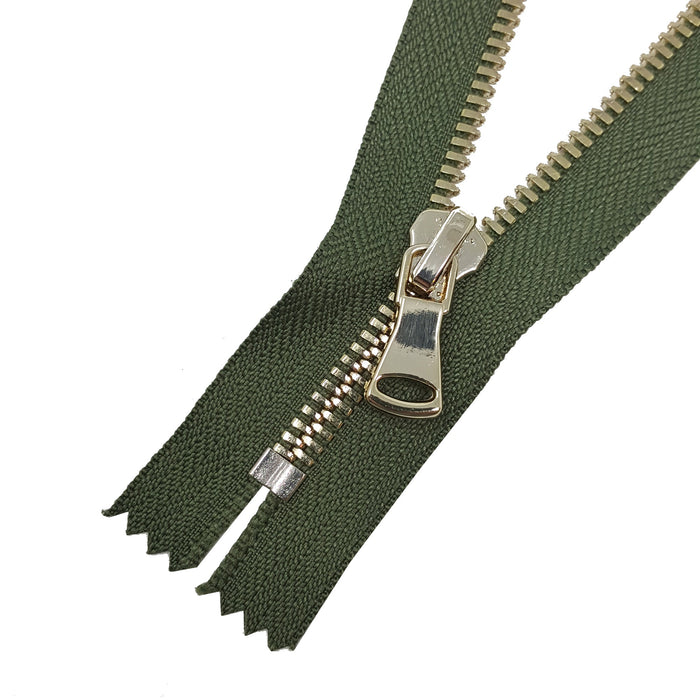 Glossy 5MM One-Way Non-Separating Closed Bottom Zipper, Olive/Brass | 7inch length