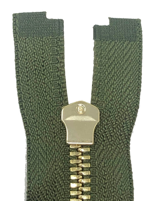 Glossy 5MM One-Way Non-Separating Closed Bottom Zipper, Olive/Brass | 7inch length